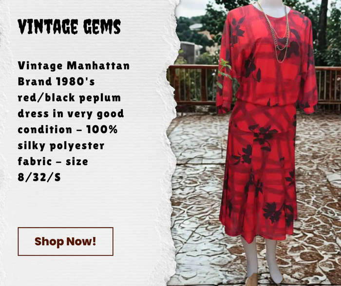 VINTAGE MANHATTAN BRAND - RED/BLACK 100% SILKY POLYESTER PEPLUM STYLE DRESS
