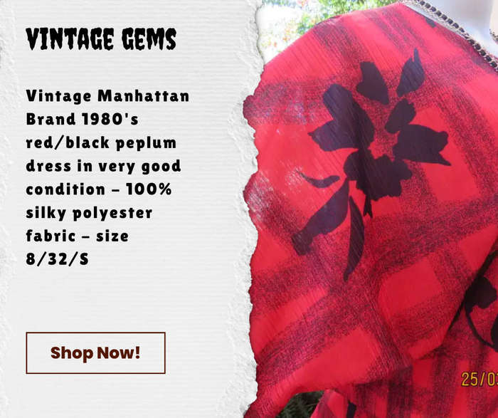 VINTAGE MANHATTAN BRAND - RED/BLACK 100% SILKY POLYESTER PEPLUM STYLE DRESS