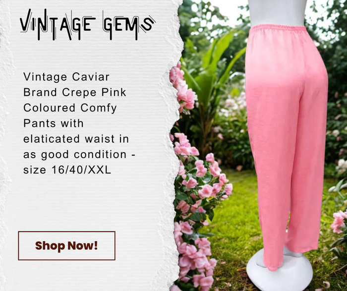 Vintage Bottom Caviar Brand Crepe Pink Comfy Elasticated Waist Pants in 100% Polyester Fabric