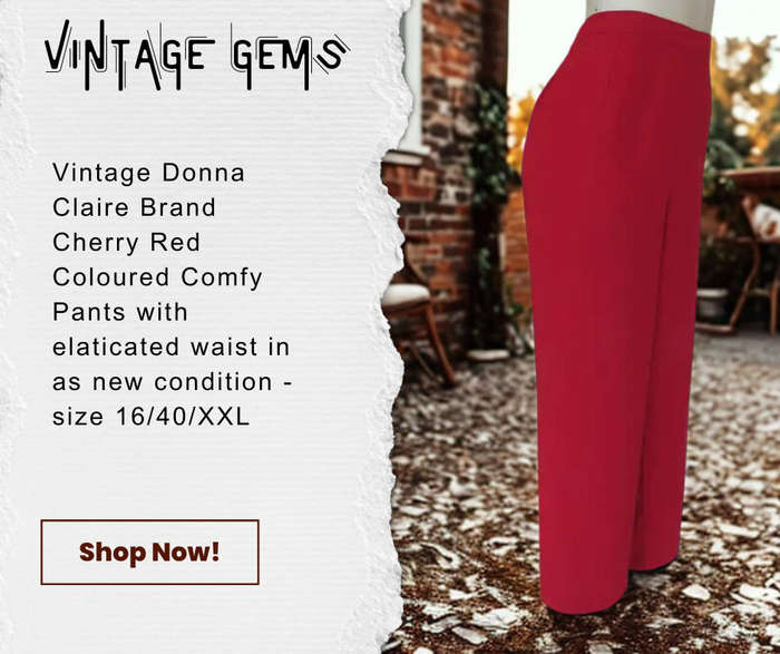 Vintage Bottom - Donna Claire Brand - Cherry Red Comfy Pants - Flat Front and Elasticated Back