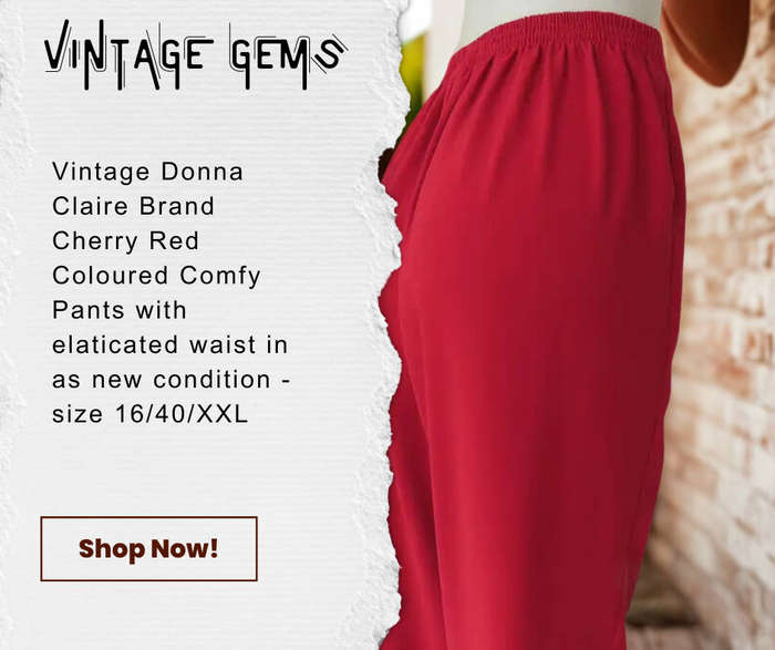 Vintage Bottom - Donna Claire Brand - Cherry Red Comfy Pants - Flat Front and Elasticated Back