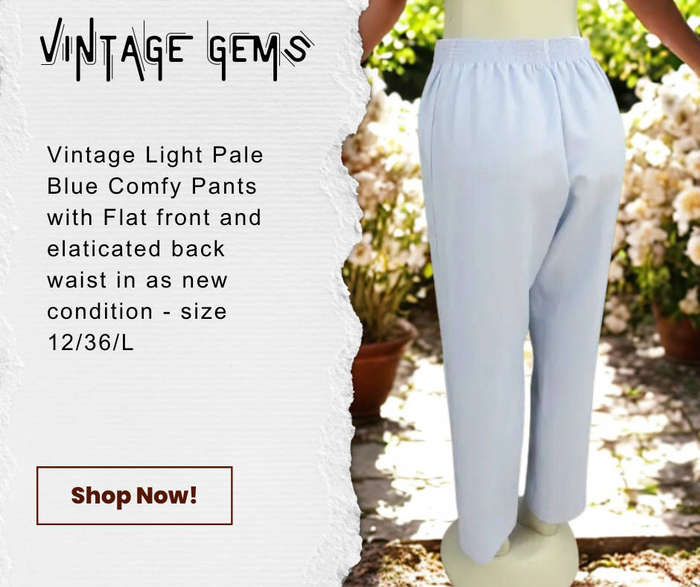 Vintage Bottom - Sensual Pale blue polyester pants with tapering. Flat front/elasticated waist back