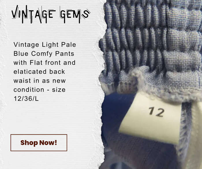Vintage Bottom - Sensual Pale blue polyester pants with tapering. Flat front/elasticated waist back