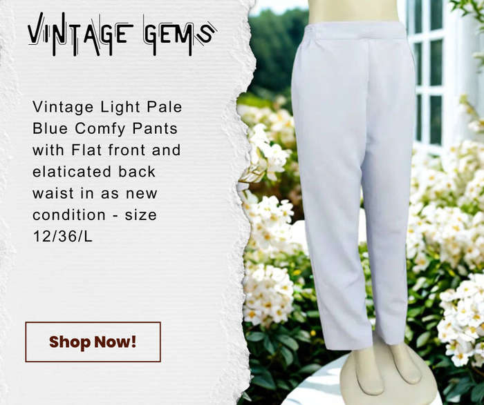Vintage Bottom - Sensual Pale blue polyester pants with tapering. Flat front/elasticated waist back