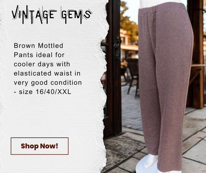 Attractive brown mottled polyester pants suitable for winter. Elasticated waist.