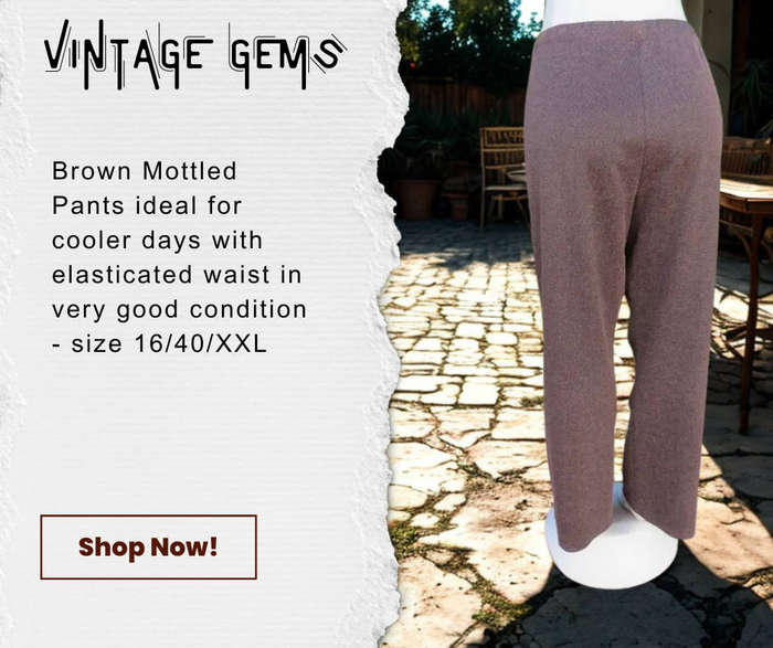 Attractive brown mottled polyester pants suitable for winter. Elasticated waist.