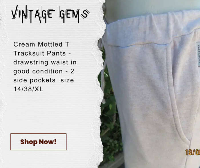 Tracksuit pants in mottled cream 100% cotton size 38 by EARTHADDICT. Side pockets. Drawstring waist.