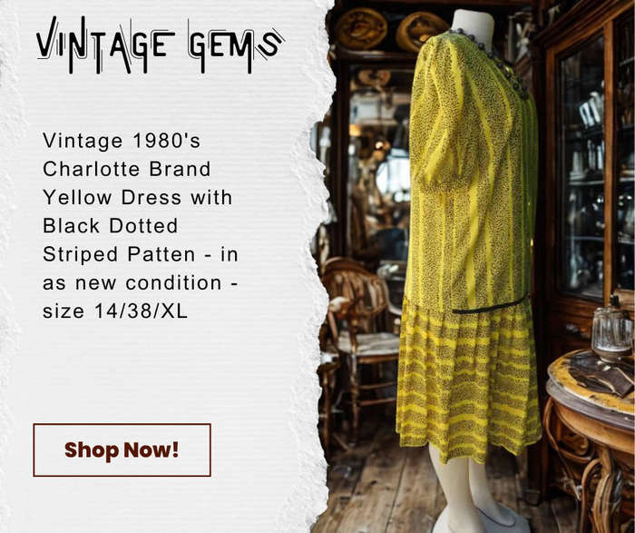 Vintage Dress - 1980's Charlotte Brand Yellow Dress with Black Spotted Striped Pattern