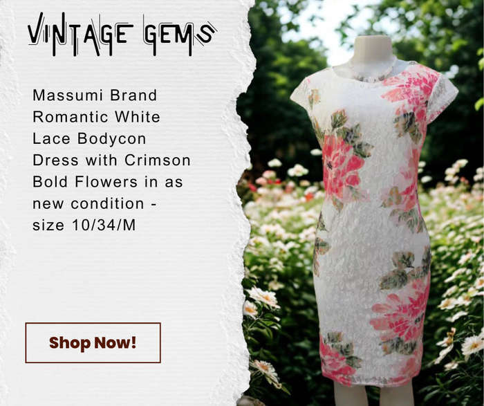 Massumi Brand - White stretch polyester lace with bold crimson flowers bodycon dress.