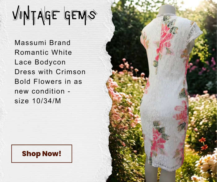Massumi Brand - White stretch polyester lace with bold crimson flowers bodycon dress.