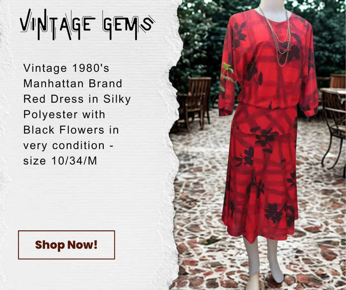 Vintage 1980's Manthattan Brand Dress - Red Silkey olyester peplum style dress with Black flowers.