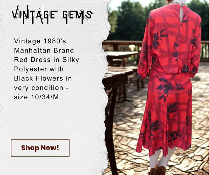 Vintage 1980's Manthattan Brand Dress - Red Silkey olyester peplum style dress with Black flowers.