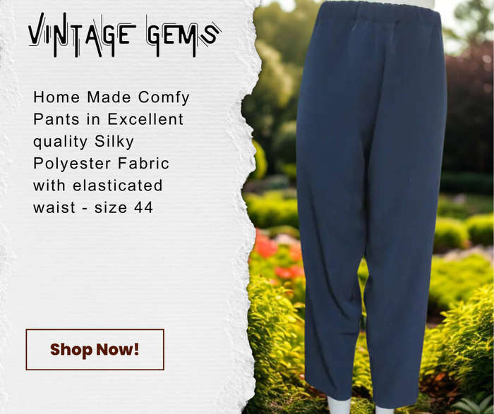 COMFY NAVY SILKY POLYESTER HOME MADE PANTS WITH ELASTICATED WAIST