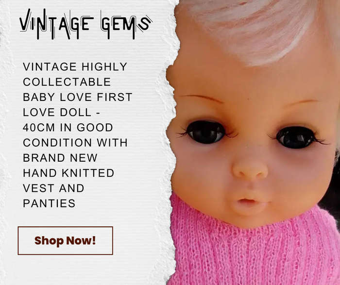 VINTAGE HIGHLY COLLECTABLE BABY LOVE - FIRST LOVE DOLL 40CM WITH HANDKNITTED VEST AND PANTIES!!!