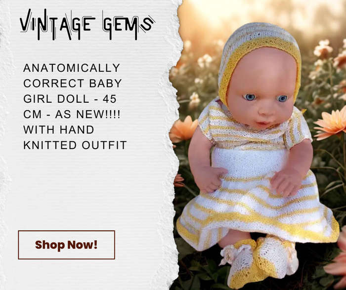 ANATOMICALLY CORRECT BABY GIRL DOLL - 45 CM - AS NEW!!!! WITH HAND KNITTED OUTFIT