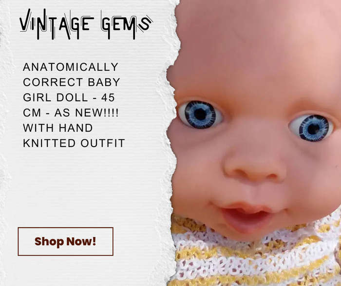 ANATOMICALLY CORRECT BABY GIRL DOLL - 45 CM - AS NEW!!!! WITH HAND KNITTED OUTFIT