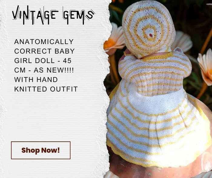 ANATOMICALLY CORRECT BABY GIRL DOLL - 45 CM - AS NEW!!!! WITH HAND KNITTED OUTFIT