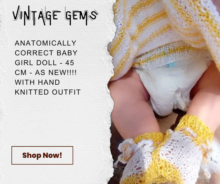 ANATOMICALLY CORRECT BABY GIRL DOLL - 45 CM - AS NEW!!!! WITH HAND KNITTED OUTFIT