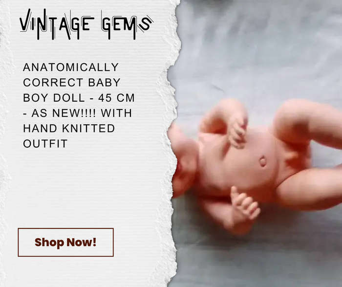 ANATOMICALLY CORRECT BABY BOY DOLL - 45 CM - AS NEW!!!! WITH HAND KNITTED OUTFIT