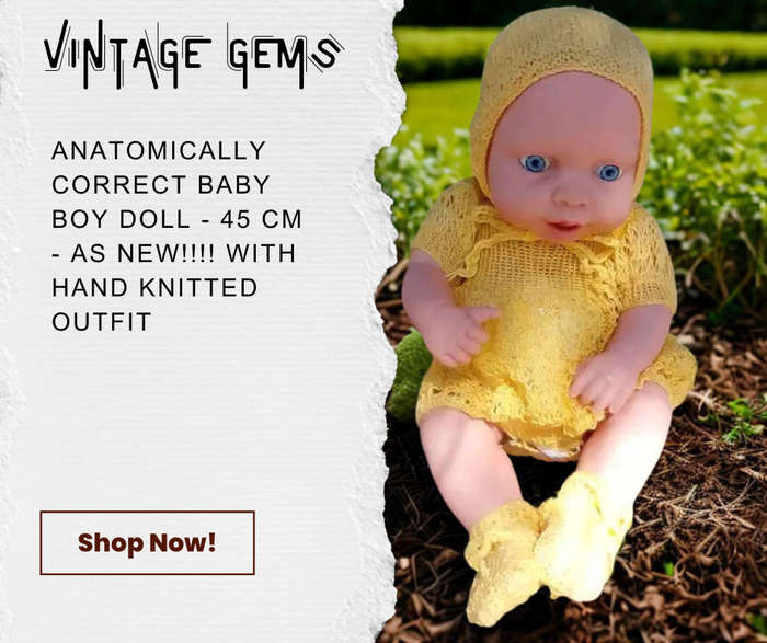 ANATOMICALLY CORRECT BABY BOY DOLL - 45 CM - AS NEW!!!! WITH HAND KNITTED OUTFIT