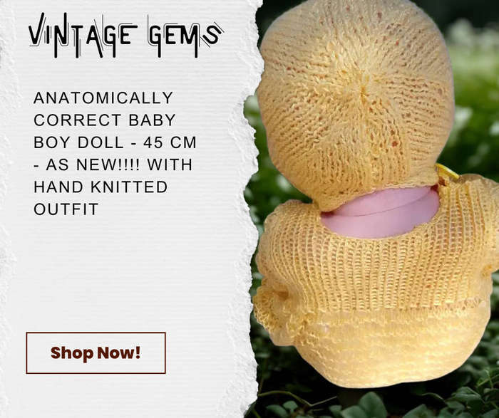 ANATOMICALLY CORRECT BABY BOY DOLL - 45 CM - AS NEW!!!! WITH HAND KNITTED OUTFIT