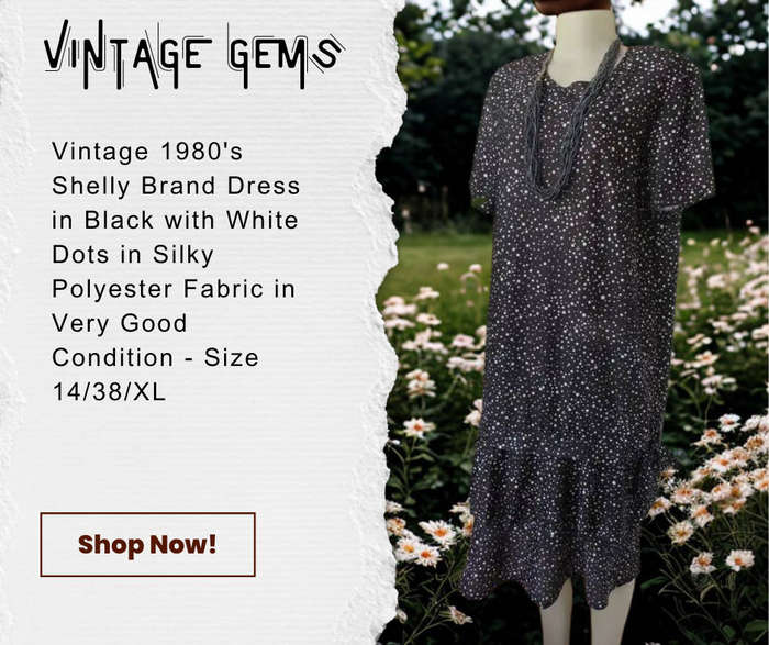 Vintage Black textured silky polyester with white dots dress -Double frills at bottom-band.