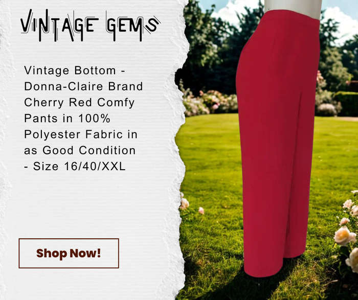 VINTAGE BOTTOM - DONNA-CLAIRE BRAND - CHERRY RED 1005% POLYESTER LOOSE FIT COMFY PANTS