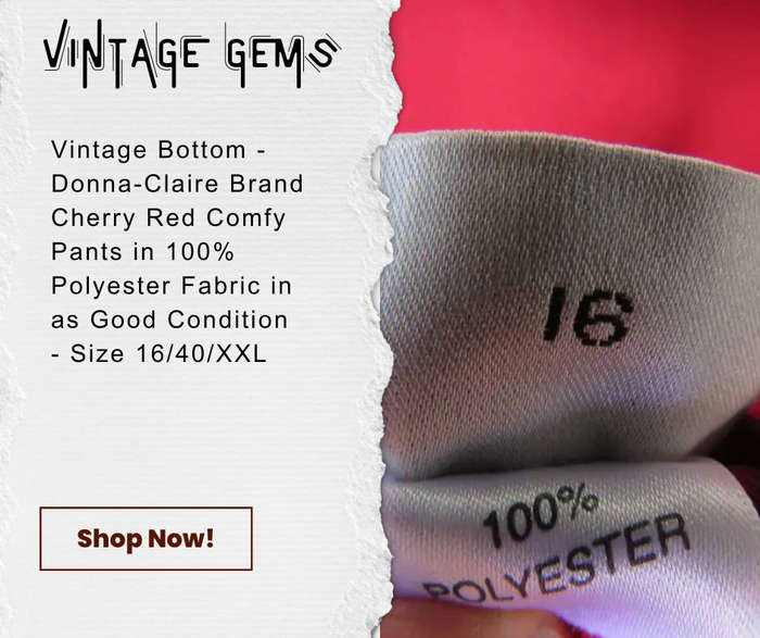 VINTAGE BOTTOM - DONNA-CLAIRE BRAND - CHERRY RED 1005% POLYESTER LOOSE FIT COMFY PANTS