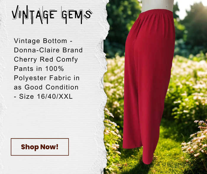VINTAGE BOTTOM - DONNA-CLAIRE BRAND - CHERRY RED 1005% POLYESTER LOOSE FIT COMFY PANTS