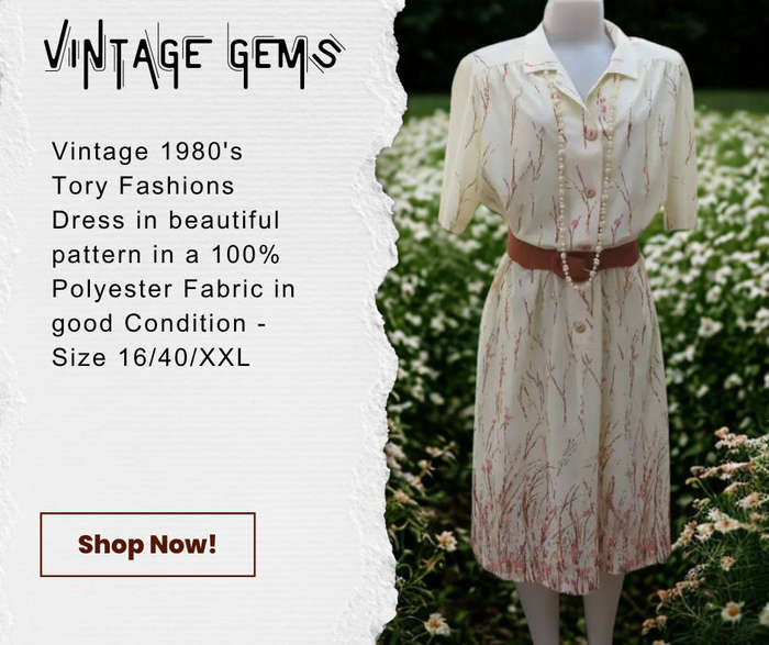 Vintage 1980's Tory Fashion Brand - Tastefully patterned rich cream dress