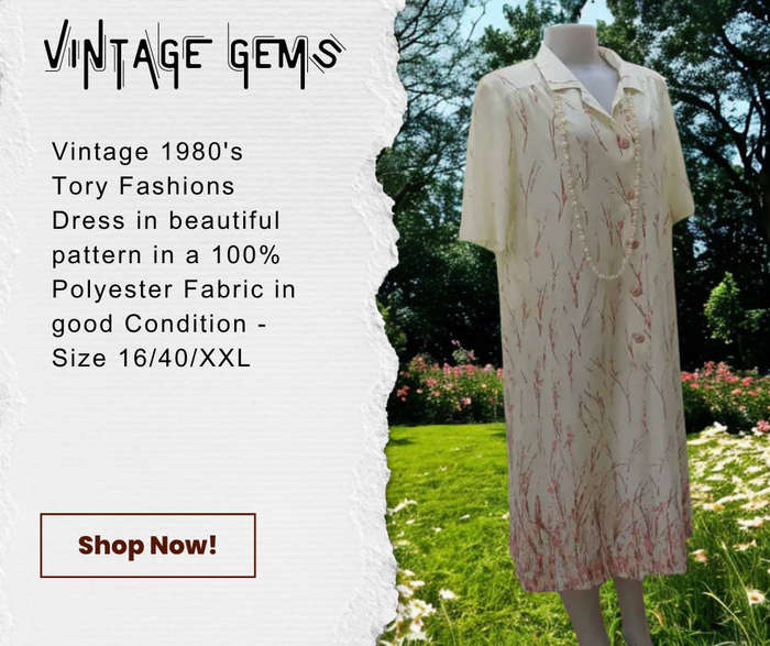 Vintage 1980's Tory Fashion Brand - Tastefully patterned rich cream dress