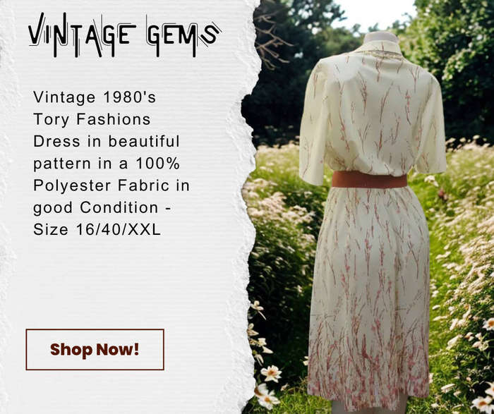 Vintage 1980's Tory Fashion Brand - Tastefully patterned rich cream dress