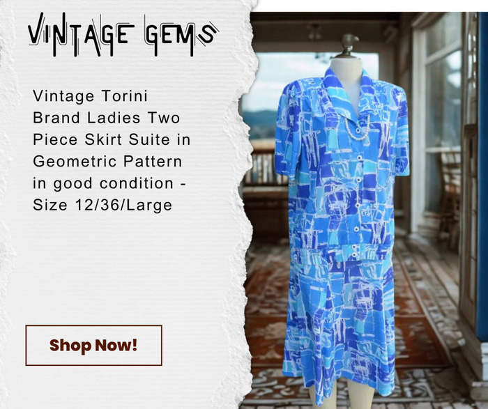 Vintage 1980's Tonini Brand - Blue & Turquoise Geometric Pattern 2 Piece Skirt Suite