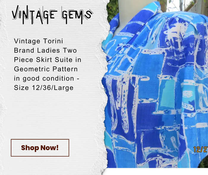 Vintage 1980's Tonini Brand - Blue & Turquoise Geometric Pattern 2 Piece Skirt Suite