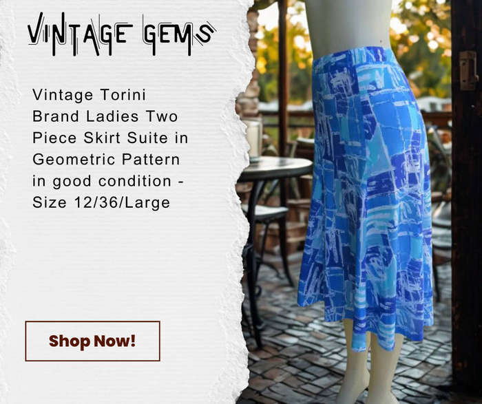 Vintage 1980's Tonini Brand - Blue & Turquoise Geometric Pattern 2 Piece Skirt Suite