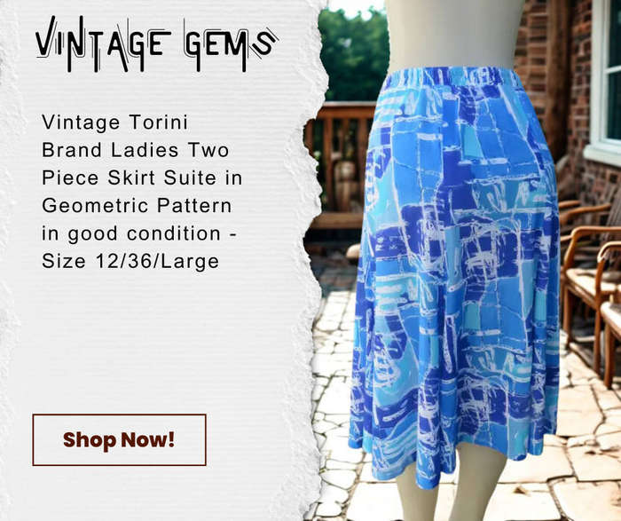 Vintage 1980's Tonini Brand - Blue & Turquoise Geometric Pattern 2 Piece Skirt Suite