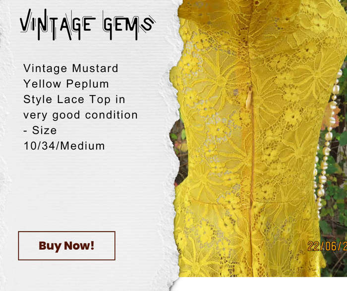 VINTAGE NEW FEELING BRAND SUNSHINE YELLOW LACE PEPLUM TOP WITH LONG SLEEVES AND SIDE ZIPPER!!!