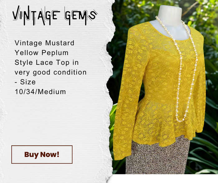 VINTAGE NEW FEELING BRAND SUNSHINE YELLOW LACE PEPLUM TOP WITH LONG SLEEVES AND SIDE ZIPPER!!!