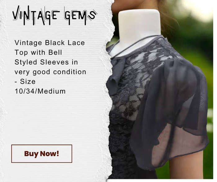 VINTAGE TOP OASIS BRAND - BLACK LACE TOP WITH BELL SLEEVES