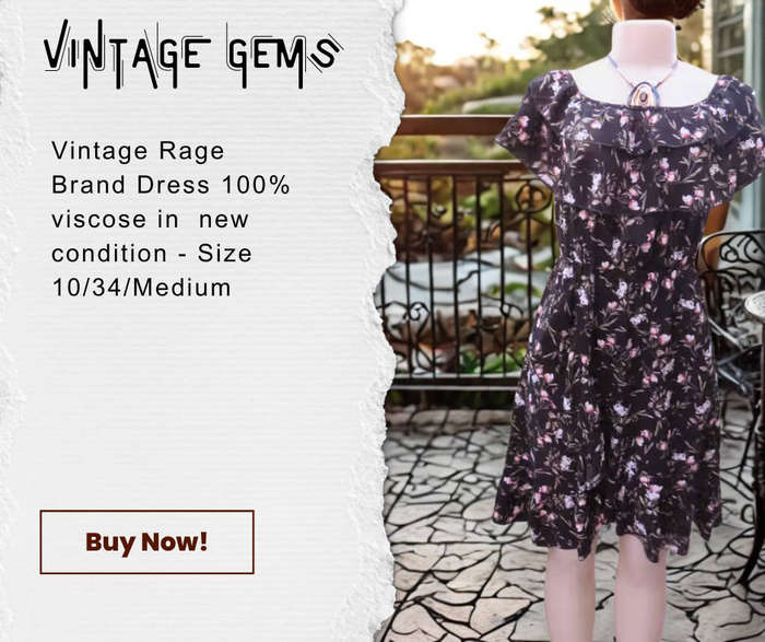 VINTAGE DRESS RAGE BRAND - 100% VISCOSE DRESS WITH BEAUTIFUL FLOWER PATTERN