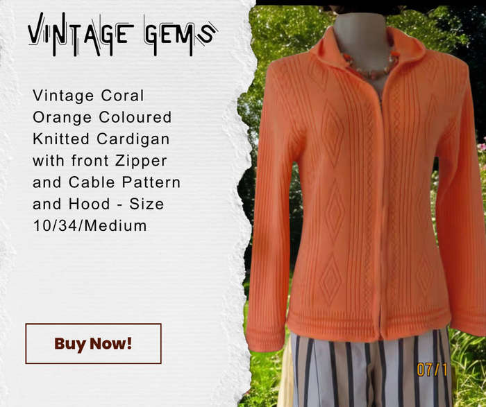 VINTAGE CORAL COLOUR CABLE PATTERN FRONT KNITTED CARDIGAN