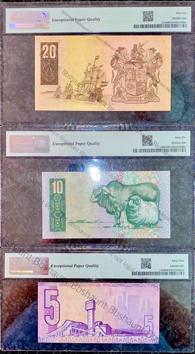 GPC De Kock Graded Low Matching No -000104 First Issue R20, R10 & R5 Graded Gem UNC EPQ 66 & 64 PMG