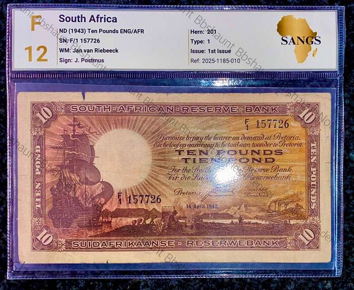 J Postmus Graded 10 pound F1 - 14th April 1943 SANGS graded