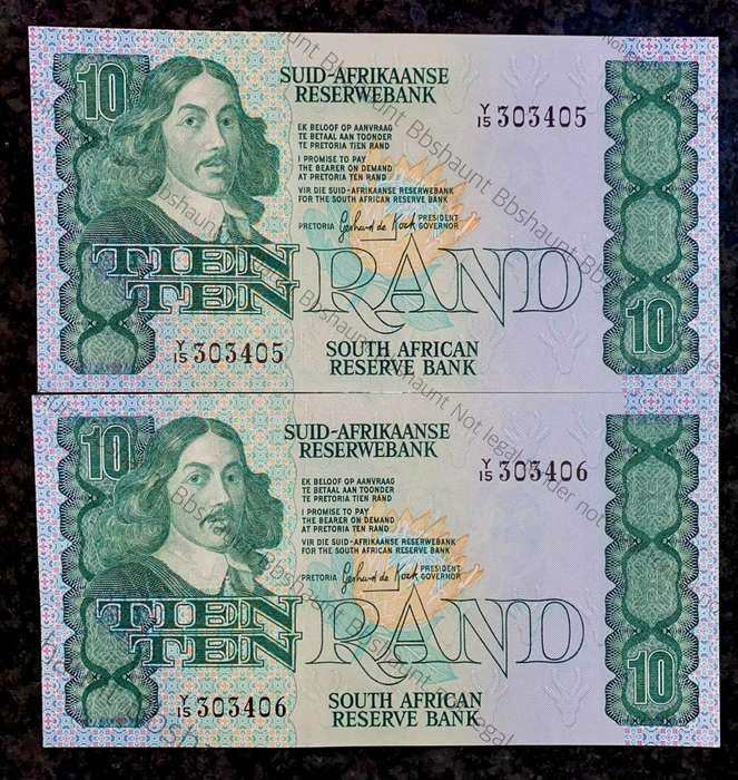 Replacement Note. GPC De Kock R10 in seq Y15 /303405-406 aunc 2nd issue 1982(1 bid takes all)