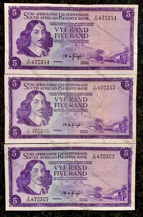 TW De Jongh R5 in seq F171 /670353-354 & 307 Springbuck wtm 1st issue 1967(1 bid takes all)