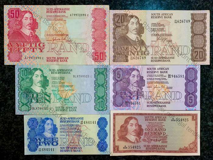 Complete Set GPC De Kock & Decimals R50 TO R2 - 1980s (R1 de Jongh 1975) (1 bid takes all)