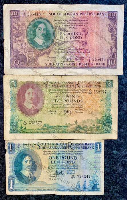 Mh De Kock. set 10 pound - 5 pound & 1 pound 1955/56 (1 bid takes all)