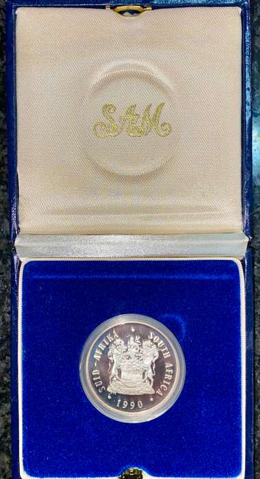 SOUTH AFRICA SILVER PROOF R1 --1990-- COAT OF ARMS - IN SA MINT BOX