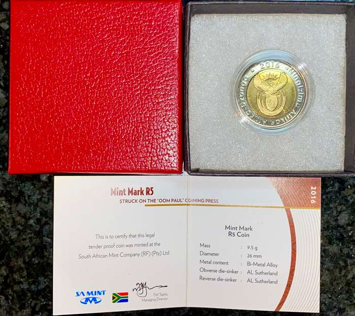 South Africa Oom Paul Mintmark Proof R5 -- 2016 -- mintage 397 - in original box with certificate
