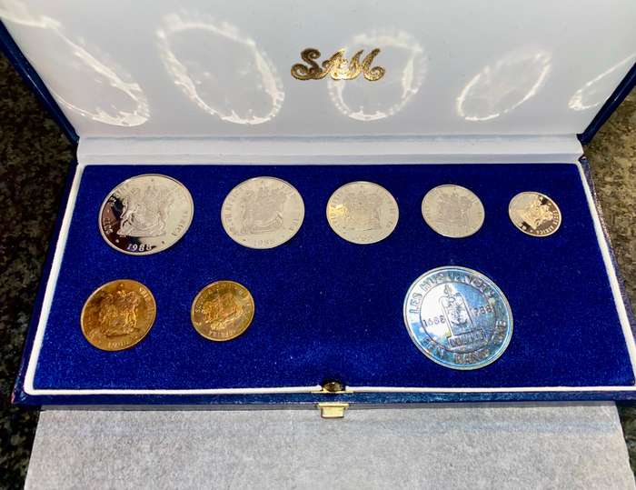 South Africa Proof set silver R1 (Les Huguenots ) TO 1 cent + nickel R1 - 1988 blue SA mint box